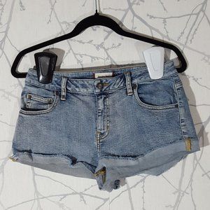 Sunday Best Medium Wash Mid Rise Cuffed Raw Hem Shorts